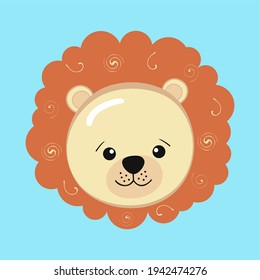 Cute Cartoon Lion Face  Illustration on blue. Print for baby shower party. Kids texture for fabric, wrapping, textile, wallpaper. Vector print with baby lion.