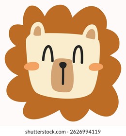 Rosto bonito de leão de desenho animado sorrindo alegremente. Projetado em um estilo divertido e amigável para crianças. Ótimo para livros, cartazes ou ferramentas de aprendizagem para crianças.