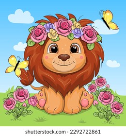 A cute cartoon lion and flower wreath   butterflies is sitting in the rose garden  Vector illustration an animal in nature and flowers   blue sky and clouds 