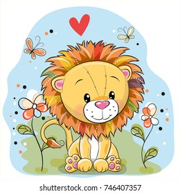 Cute Cartoon Lion with flowers and butterflies on a meadow