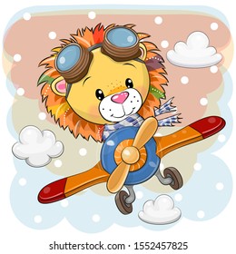 Cute Cartoon Lion is flying on a plane