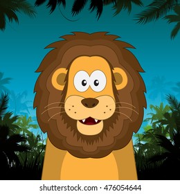 Cute cartoon lion in front of jungle background