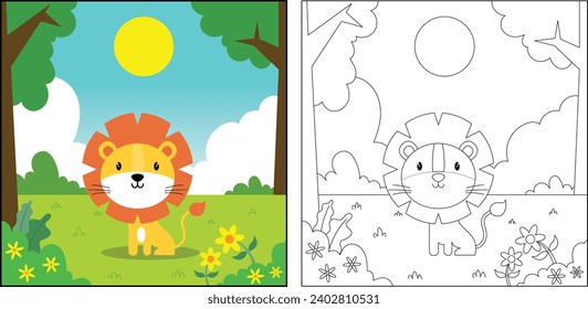 cute cartoon lion, funny illustration, coloring book for kids and children.