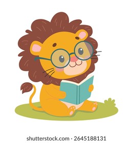 Cute cartoon lion in glasses reading a book.  Funny smart wild animal character sitting with book cartoon vector illustration
