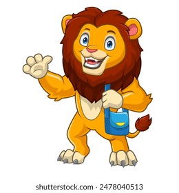 Cute cartoon lion going to school waving