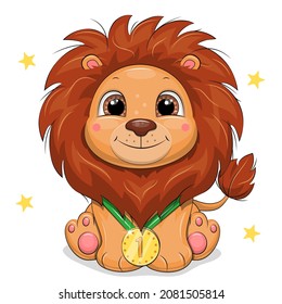 Cute cartoon lion with a golden medal. Vector illustration of a winner isolated on white.