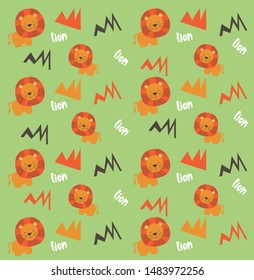 Cute cartoon lion green background pattern vector