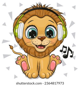 Cute cartoon Lion with green headphones on a white background