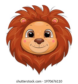 Cute cartoon lion head with beautiful mane. Vector animal illustration isolated on white.