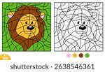 Cute cartoon lion head color by number page for kids. Fun and educational activity game for preschool and kindergarten children to learn numbers and colors