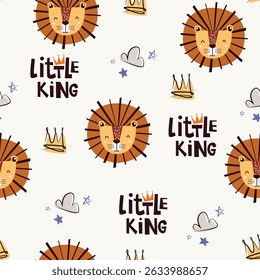 Cute cartoon lion head with crown and cloud, childish seamless pattern suitable for baby print, wrapping paper, t-shirt, printing, packaging, fabric, postcard, clothing and others