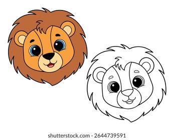 Cute cartoon lion head illustration, with one colored version (brown mane, blue eyes) and one black and white outline. Ideal for animal themes or coloring pages.