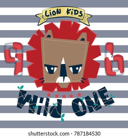 Cute cartoon lion head on striped background illustration vector, T-shirt printing design.