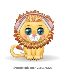 Cute cartoon Lion with headphones, listens to music, note, treble clef
