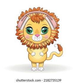 Cute cartoon Lion with headphones, listens to music, note, treble clef.