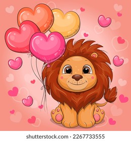 Cute cartoon lion with heart shaped balloons. Vector illustration of an animal on a red background with hearts.