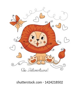 cute cartoon lion with hearts and butterfly, pattern for children's t-shirt or greeting card, character in doodle style, vector illustration isolated on white background