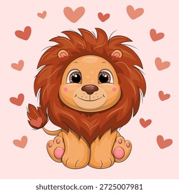 Bela caricatura Leão com corações. Ilustração vetorial de animal sobre fundo rosa com corações.