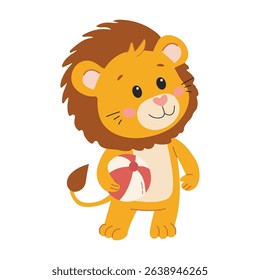 Cute cartoon lion holding beach ball. Vector Children's style illustration on a white background