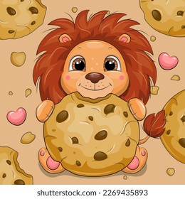 Cute cartoon lion holding a chocolate chip cookie. Vector illustration with an animal.
