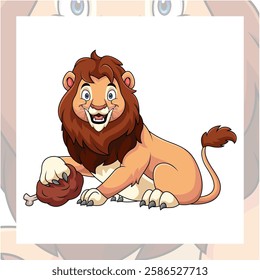 Cute cartoon lion holding a piece of meat