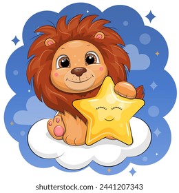 Cute cartoon lion is holding a yellow star and sitting on a cloud. Night vector illustration on a blue background.