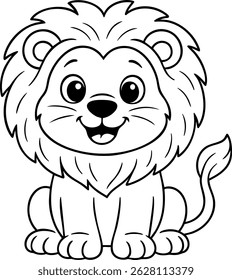 Cute cartoon lion illustration for kids, black and white jungle animal line art, smiling baby lion drawing for coloring book or educational materials
