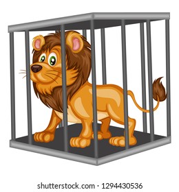 Cute Cartoon Lion Inside Steel Cage. Animals in the Cage. Isolated on White Background