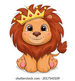 Cute cartoon lion king with golden crown. Vector illustration of an animal on a white background.