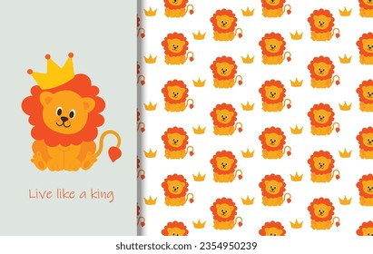 Cute cartoon lion king sitting with crown. Vector isolated illustration for print, textile, greeting card or invitation. Kids card print template and seamless background pattern set.