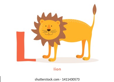 Cute cartoon lion with letter L. Fairy-tale African animal. Can be used for children's alphabets and books. Vector illustration on white isolated background.