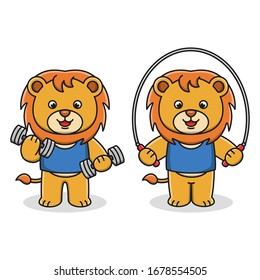 Cute cartoon lion lifting weights and jumping rope design set