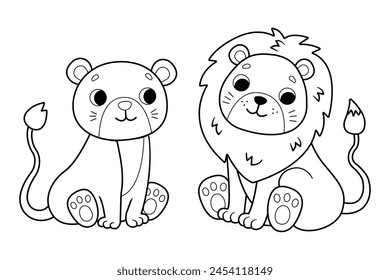 Cute cartoon lion and lioness. Coloring page. Illustration for children. Vector illustration.