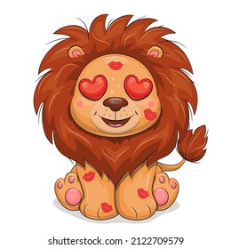 Cute cartoon lion in love. Vector illustration of an animal on a white background.