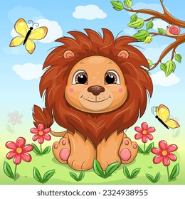 Cute cartoon lion in nature. Vector illustration of an animal with red flowers, yellow butterflies, green grass, tree, blue sky and white clouds.