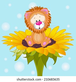 Cute cartoon Lion on the flower 