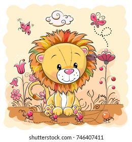 Cute Cartoon Lion on a meadow with flowers and butterflies