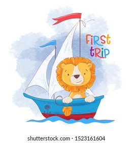 Cute cartoon lion on a sailing ship. Vector illustration