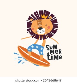 Cute cartoon lion on vacation playing surfing board and summer time text vector illustration for textile, clothing, kindergarten background, kids poster decoration, book cover, apparel and others