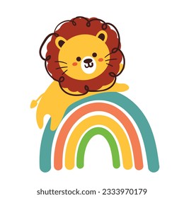 cute cartoon lion with rainbow