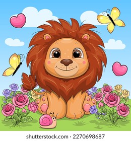 Cute cartoon lion in the rose garden  Vector illustration an animal blue background and clouds  butterflies   hearts 