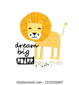 Cute cartoon lion in scandinavian style say Roarr. Vector Illustration. Can be used print print for t-shirts, home decor, posters, cards.