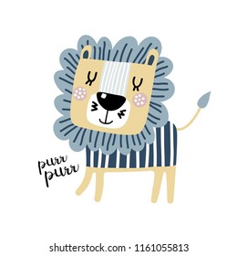 León de dibujos animados al estilo escandinavo dice purr purr. Ilustración vectorial. Se puede usar impresión para camisetas, decoración casera, afiches, tarjetas.