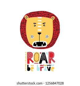 Cute cartoon lion in scandinavian style. Vector Illustration. Can be used print print for t-shirts, home decor, posters, cards. Danger lion.