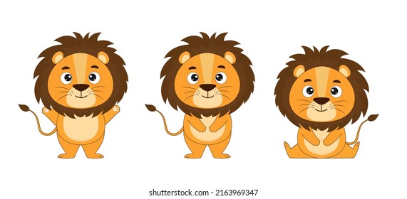 Cute cartoon lion. Set of lionon on a white background. Elements for design or print. Vector illustration