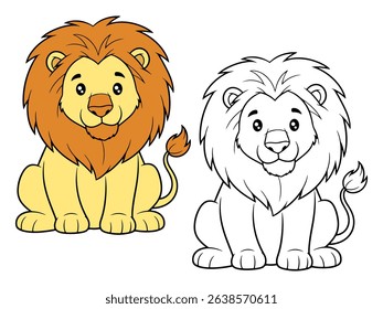 Cute cartoon lion sitting with a friendly expression. Includes a colored version and a black and white outline, ideal for children's coloring pages.