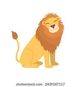 Cute cartoon lion is sitting on white background. Animals of Africa. Vector cartoon illustration.