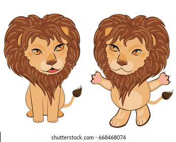 Cute cartoon lion in a sitting pose illustration on white background.