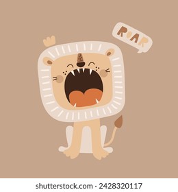 Cute cartoon lion with slogan roar. Vector hand drawn illustration.