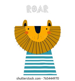 Cute cartoon lion with slogan roar. Fashion kid print. Vector hand drawn illustration.